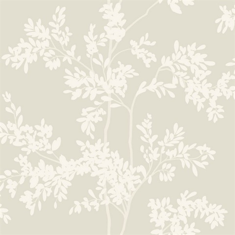 Light Taupe & White Lunaria Leaf & Branches Wallpaper