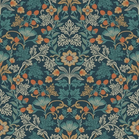 Lila Blue Strawberry Floral Wallpaper