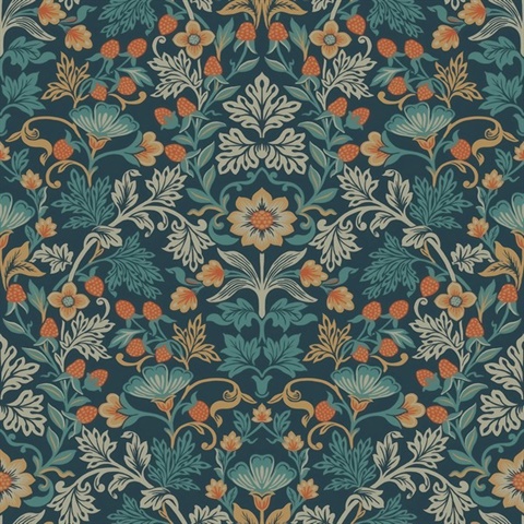 Lila Blue Strawberry Floral Wallpaper