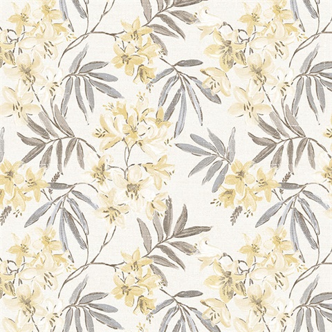 Linen Floral Yellow, Grey & Brown Wallpaper