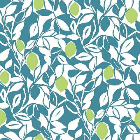 Loretto Teal Citrus Fruit Floral Wallpaper