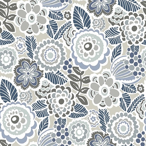 Lucy Blue Retro Ecletic Floral Wallpaper