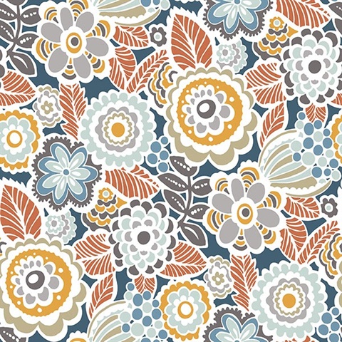 Lucy Navy Retro Ecletic Floral Wallpaper