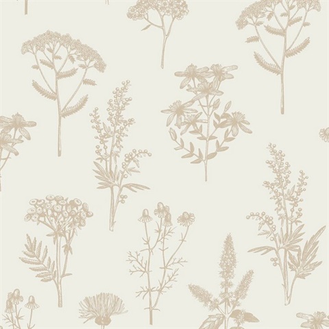Luminous Botanical Sketch Gold Metallic Wallpaper