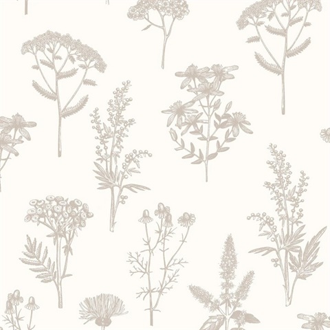 Luminous Botanical Sketch Silver Metallic Wallpaper