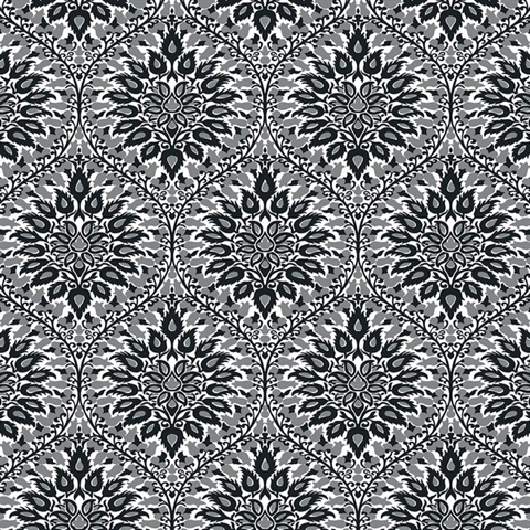 Luna Ogee Floral & Leaf Large Damask Black  Wallpaper
