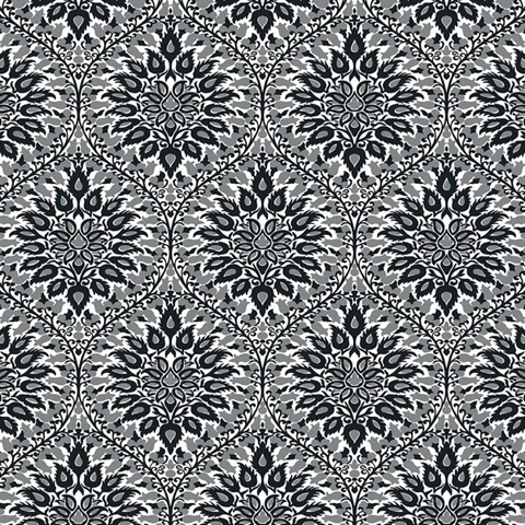 Luna Ogee Floral & Leaf Large Damask Black  Wallpaper