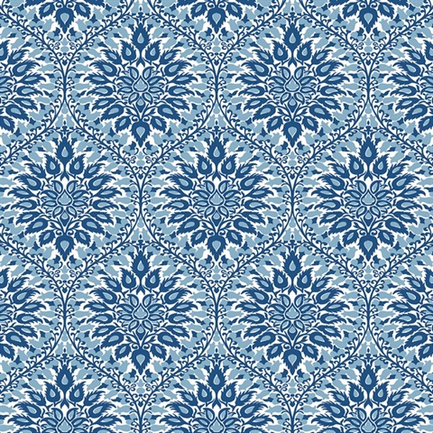Luna Ogee Floral & Leaf Large Damask Blue Wallpaper