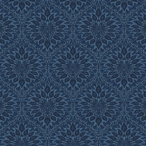 Luna Ogee Floral & Leaf Large Damask Blue Wallpaper