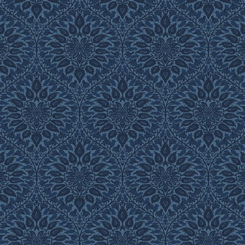 Luna Ogee Floral & Leaf Large Damask Blue Wallpaper