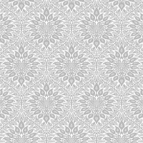 Luna Ogee Floral & Leaf Large Damask Grey Wallpaper