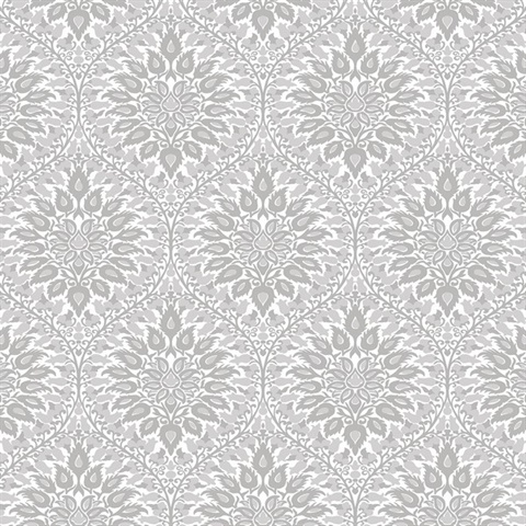 Luna Ogee Floral & Leaf Large Damask Grey Wallpaper