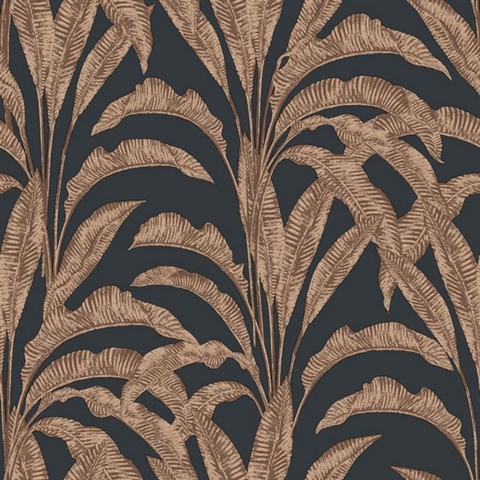 Luxe Tropical Palm Orange on Black Ground Wallpaper
