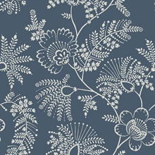 Maeve Dark Blue Jacobean Large Floral &amp; Leaf Wallpaper