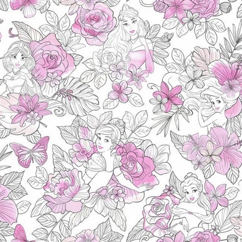 Magenta Disney Princess Royal Floral Wallpaper