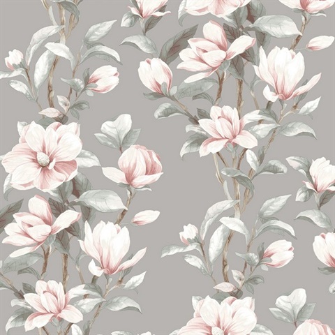 Magnolia Trail Floral Metallic Silver & Petal Pink Peel and Stick Wall