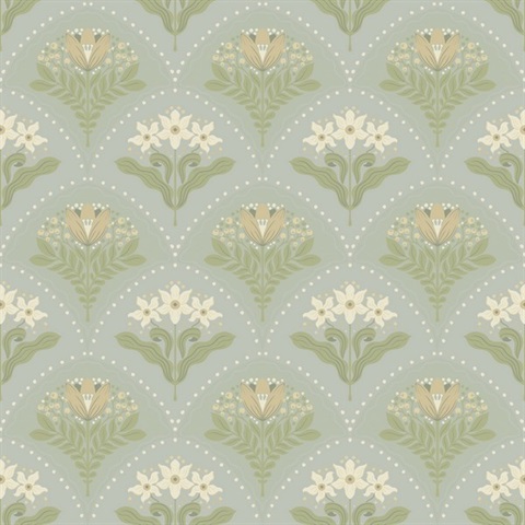 Maj Sky Blue Floral Damask Wallpaper