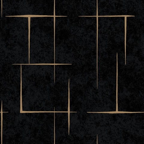 Malia Gold & Black Hatchwork Modern Rectangles Wallpaper