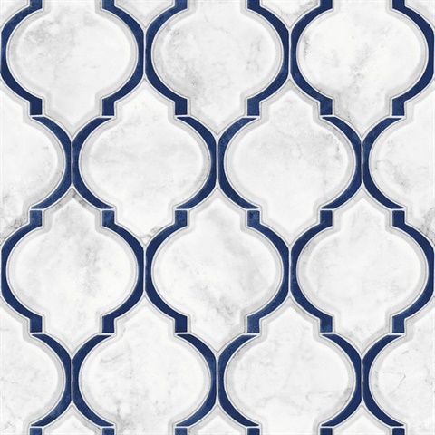 Marbled Ogee Tile Royal Blue & Carrara Peel and Stick Wallpaper