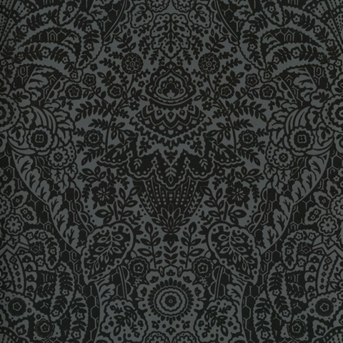 Maris Black Flock Velvet Textured Damask Wallpaper