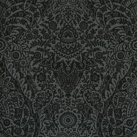 Maris Black Flock Velvet Textured Damask Wallpaper