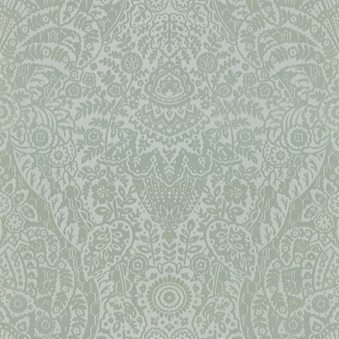 Maris Sage Flock Velvet Textured Damask Wallpaper