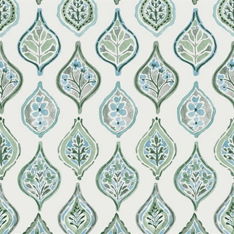 Marketplace Motif Pale Grey and Green Wallpaper