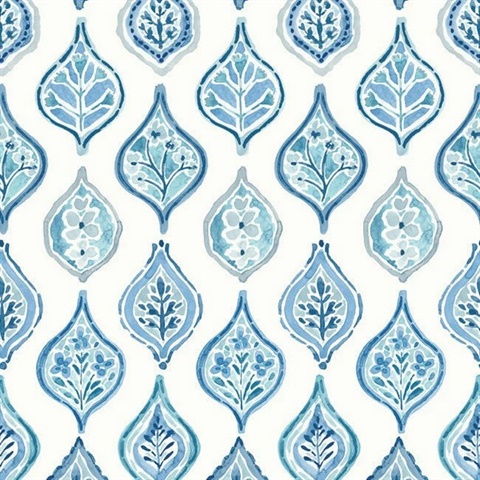 Marketplace Motif White and Blue Wallpaper
