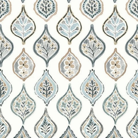 Marketplace Motif White, Neutral and Blue Wallpaper