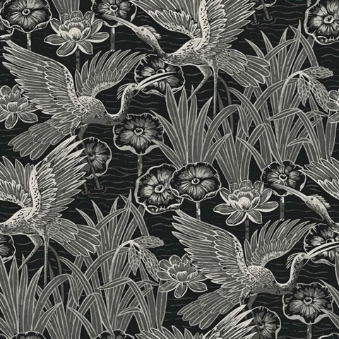 Marsh Cranes Textured Floral & Leaf Black Wallpaper