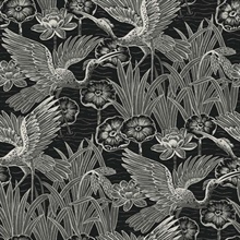 Marsh Cranes Textured Floral & Leaf Black Wallpaper