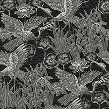 Marsh Cranes Textured Floral & Leaf Black Wallpaper