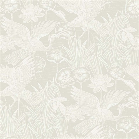 Marsh Cranes Textured Floral & Leaf Grey Wallpaper