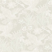 Marsh Cranes Textured Floral & Leaf Grey Wallpaper