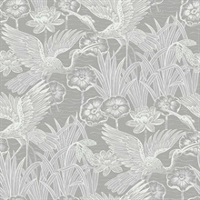 Marsh Cranes Textured Floral & Leaf Grey Wallpaper