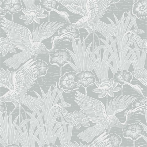 Marsh Cranes Textured Floral & Leaf Grey Wallpaper