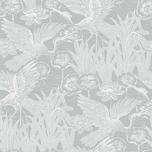 Marsh Cranes Textured Floral & Leaf Grey Wallpaper