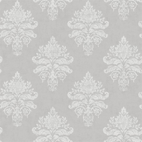 Greige & Light Grey Medallion Damask Wallpaper