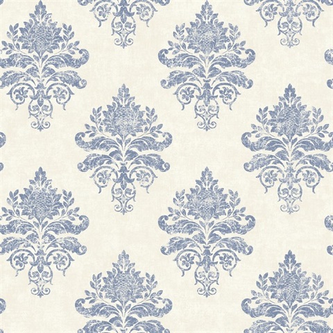 Cream & Blue Medallion Damask Wallpaper