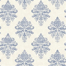 Cream & Blue Medallion Damask Wallpaper