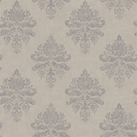 Taupe & Silver Medallion Damask Wallpaper