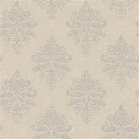 Beige & Silver Medallion Damask Wallpaper