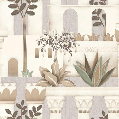 Mediterranean Villa Garden Beige Wallpaper