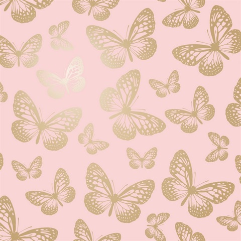 Metallic Butterflies Pink Whimsical Wallpaper