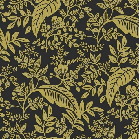 Metallic Gold & Black Canopy Flowers and Leaves Rifle Paper Wallpaper