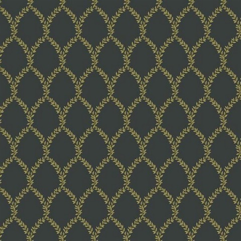 Metallic Gold & Black Laurel Floral Lattice Rifle Paper Wallpaper