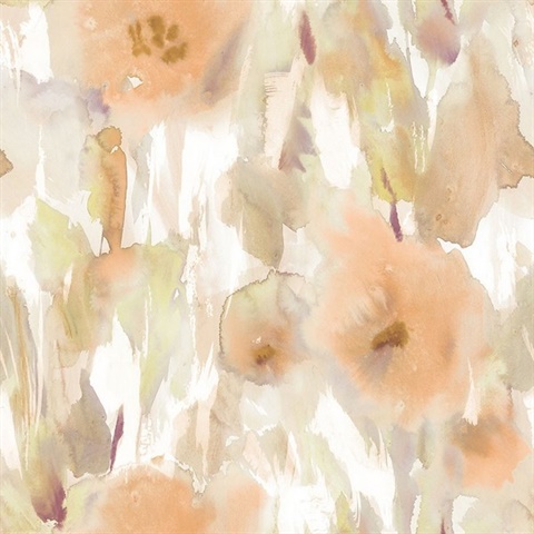 Metallic Gold, Orange & Tan Commercial Watercolor Floral Wallpaper