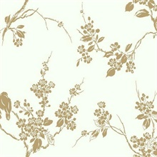 Metallic Gold & White Imperial Floral Blossoms Branch Prepasted Wallpa