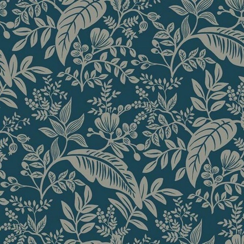 Metallic Silver & Blue Canopy Flowers and Leaves Rifle Paper Wallpaper