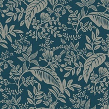 Metallic Silver &amp; Blue Canopy Flowers and Leaves Rifle Paper Wallpaper